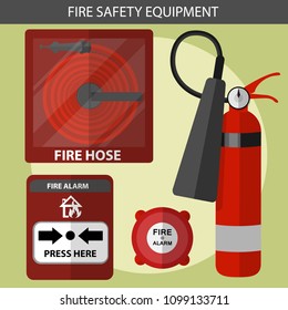 Cartoon vector fire safety equipment fire alarm,fire hose and extinguisher