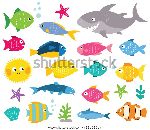 Cartoon\
vector fishes set, isolated design\
elements