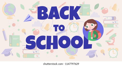 cartoon vector flat back to school seamless pattern with design. text "back to school" with cute schoolgirl
