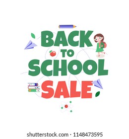 cartoon vector flat back to school sale design. text "back to school sale" with cute schoolgirl