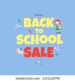cartoon vector flat back to school sale design. text "back to school sale" with cute schoolgirl