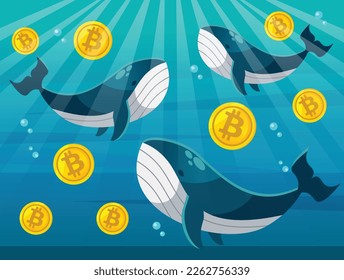 Dibujo de diseño plano vectorial de caricatura de ballena con bloqueo de bitcoin y token NFT. Ilustración de ballena con cola de ballena en el océano. Gran inversor, comerciante en el mercado de la criptodivisa. 
