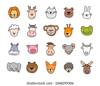 Cartoon vector flat illustration of cute animals faces for baby card and invitation