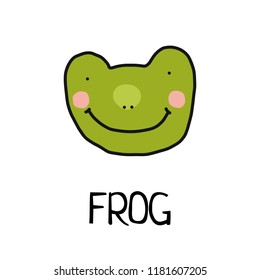 Cartoon vector flat illustration of cute frog face for baby card and invitation