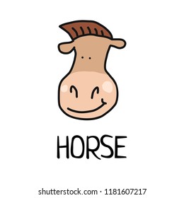 Cartoon vector flat illustration of cute horse face for baby card and invitation