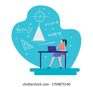 Cartoon vector flat illustration people learning mathematic with mathematic item and element