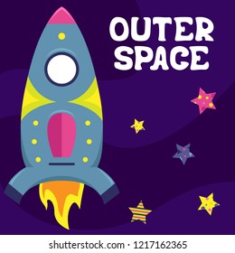 Cartoon vector flat illustration with a spaceship. Outer space.