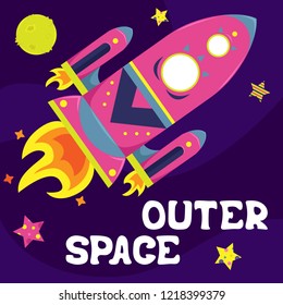Cartoon vector flat illustration with a spaceship. Outer space.