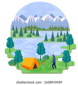 Dibujo plano vectorial de caricatura: camping de verano, campamento en un bosque de tiendas, árboles verdes, fogata en una caminata, río con peces.