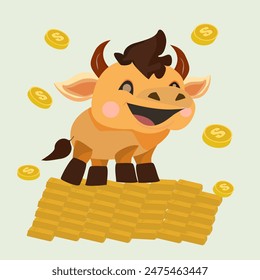 cartoon vector flat Includes bull, chart, gold and dollar. Gold trading concept