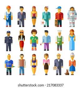 Cartoon vector flat people different characters: doctor, businessman, astronaut, model, chef, athlete, fitness coach, skater, grandfather, grandmother, scientist, police man