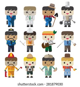 Cartoon vector flat people different characters, businessman, doctor, farmer, chef, police man, engineer, musician, teacher, fireman, photographer, artist, merchant