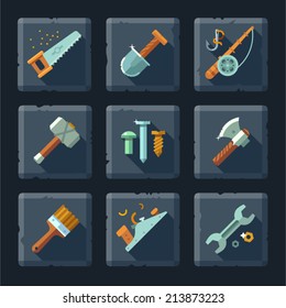 Cartoon vector flat relief game icon set on stone. Tools and supplies: saw, shovel, fishing rod, hook, hammer, nail, ax, brush, planer, wrench, screwdriver, bolt, screw.