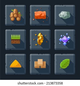 Cartoon vector flat relief game icon set on stone. Resources for construction: wood, stone, sand, brick, ground, grass, leaves, diamonds, crystals