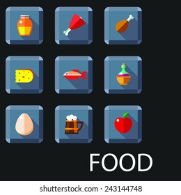 Cartoon vector flat relief game icon set on stone. Food and drink