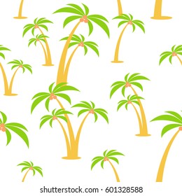 Cartoon vector flat seamless pattern. Palm trees with coconuts