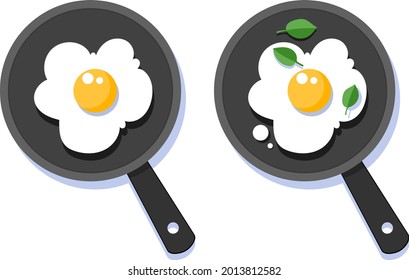 Cartoon vector flat style fried eggs breakfast on a pan with shadows, greenery.