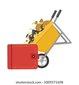 Cartoon vector flat style illustration. Wheelbarrow full of coins and soil.
