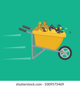 Cartoon vector flat style illustration. Wheelbarrow full of coins and soil.