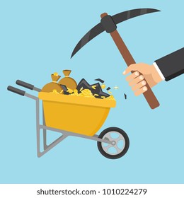 Cartoon vector flat style illustration. Wheelbarrow full of coins and soil.