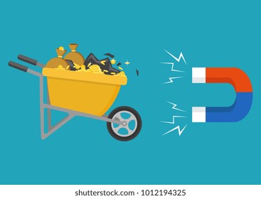 Cartoon vector flat style illustration. Wheelbarrow full of coins and soil.