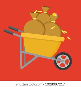 Cartoon vector flat style illustration. Wheelbarrow full of coins and soil