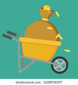 Cartoon vector flat style illustration. Wheelbarrow full of coins and soil
