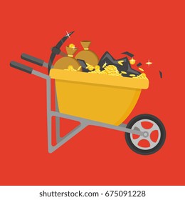 Cartoon vector flat style illustration. Wheelbarrow full of coins and soil.