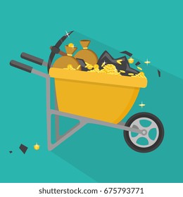Cartoon vector flat style illustration. Wheelbarrow full of coins and soil.