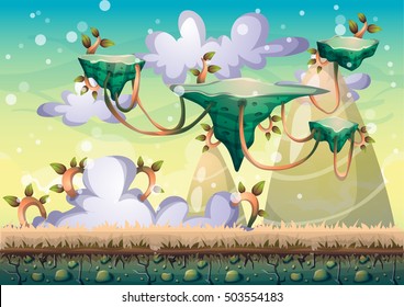 cartoon vector floating island background with separated layers for game art and animation game design asset in 2d graphic