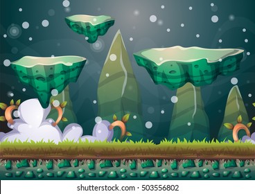 cartoon vector floating island background with separated layers for game art and animation game design asset in 2d graphic