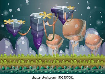 cartoon vector floating island background with separated layers for game art and animation game design asset in 2d graphic