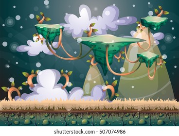 cartoon vector floating island background with separated layers for game art and animation game design asset in 2d graphic