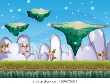 cartoon vector floating island background with separated layers for game art and animation game design asset in 2d graphic