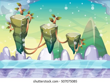 cartoon vector floating island background with separated layers for game art and animation game design asset in 2d graphic