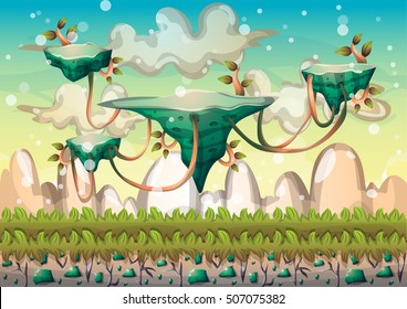 cartoon vector floating island background with separated layers for game art and animation game design asset in 2d graphic