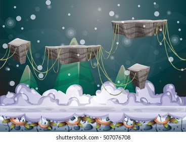 cartoon vector floating island background with separated layers for game art and animation game design asset in 2d graphic