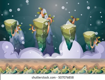 cartoon vector floating island background with separated layers for game art and animation game design asset in 2d graphic