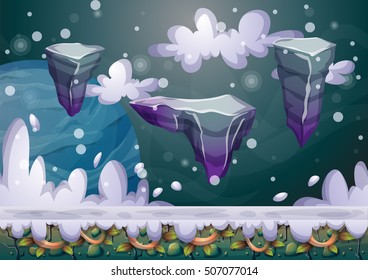 cartoon vector floating island background with separated layers for game art and animation game design asset in 2d graphic