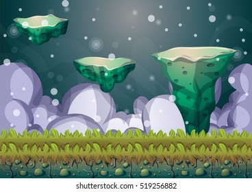 cartoon vector floating island background with separated layers for game art and animation game design asset in 2d graphic