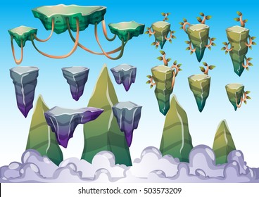 cartoon vector floating island object with separated layers for game art and animation game design asset in 2d graphic