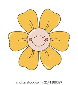 Cartoon vector flower character with face expression. Retro face with smile. Vintage sticker. Colorful funny emoji in groovy style