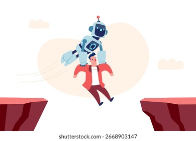 Cartoon-Vektor eines fliegenden KI-Roboters, der einem Geschäftsmann hilft, eine Klippenlücke zu überwinden. Konzept der künstlichen Intelligenz als Assistent, Unterstützung und Anleitung für Erfolg und Chancen.