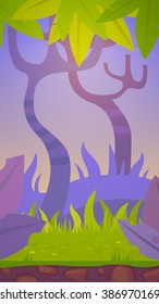 Cartoon vector forest illustration, vertical format for mobile phone screen