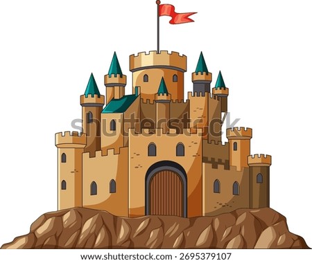 Cartoon vector of fortified medieval stone castle with towers, arched gate, red flag on rocks.