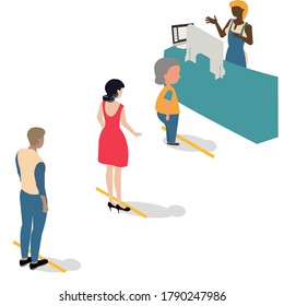 Cartoon vector, four people standing in line with social distancing, consisting of a young man, Beautiful  woman wearing a red dress and fat old woman standing in front Stand up in front of counter.