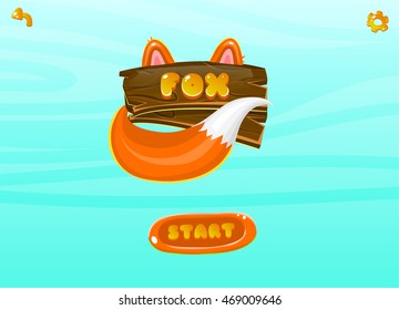 Cartoon vector fox game ui. Logo and button start. Horizontal background.