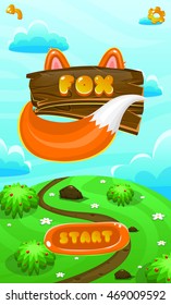 Cartoon vector fox illustration with title inscription, vertical format for mobile phone screen. Button start, setting and back.