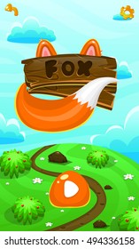 Cartoon vector fox illustration with title inscription, vertical format for mobile phone screen. Button start, setting and back.