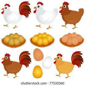 Cartoon Vector of free range Chicken, Hen, Rooster with golden egg. A set of cute and colorful icon collection isolated on white background